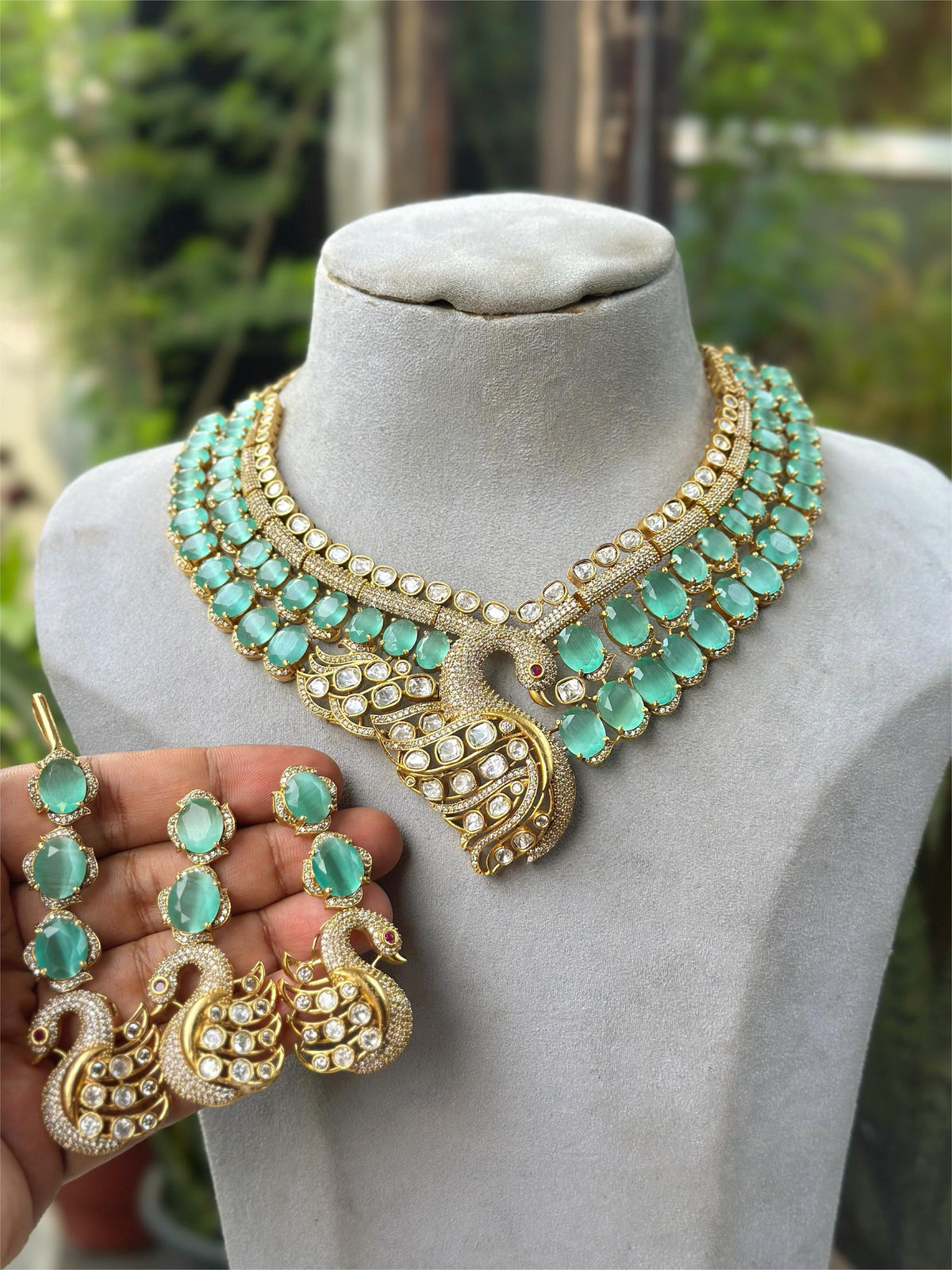 Royal Peacock Design Navy Blue Kundan Choker Necklace Set with Maang Tikka & Earrings Bridal Statement Jewelry