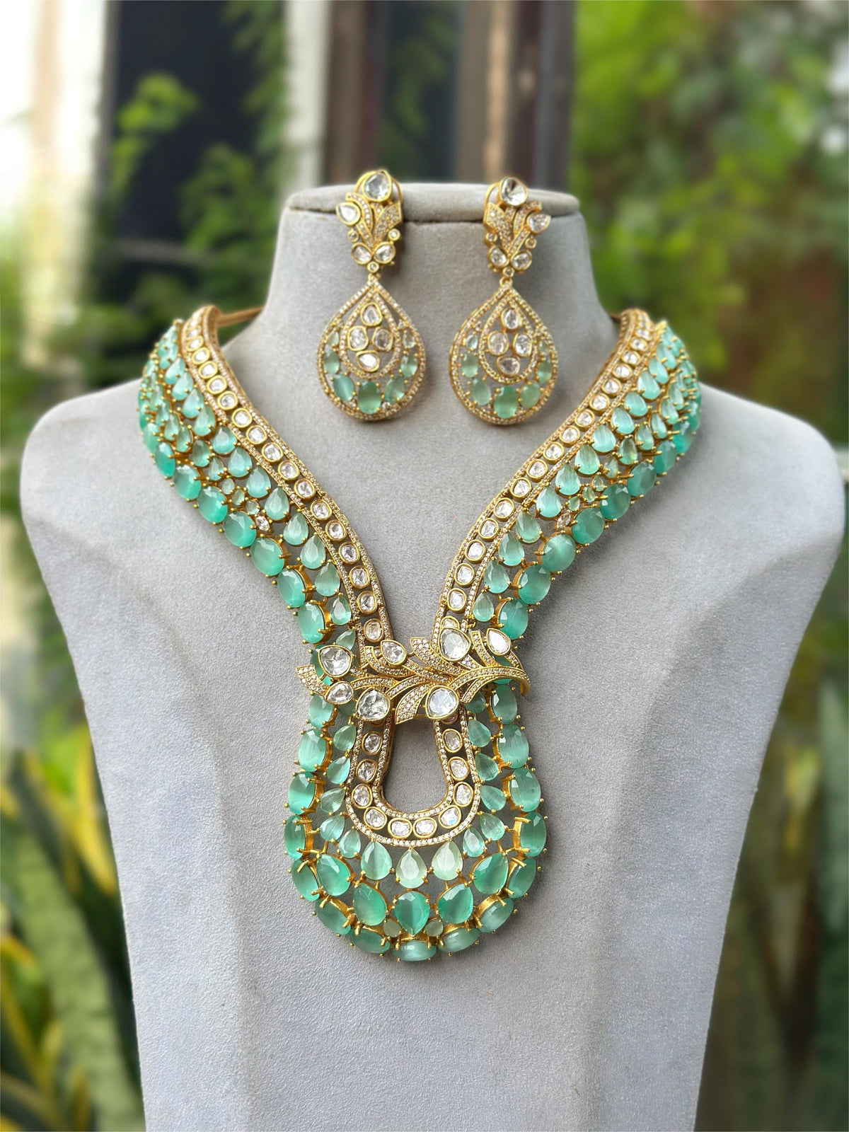 Mint Green Kundan Layered Long Necklace Set with Teardrop Earrings Bridal & Festive Designer Jewelry
