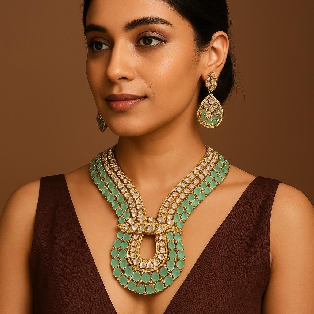 Mint Green Kundan Layered Long Necklace Set with Teardrop Earrings Bridal & Festive Designer Jewelry