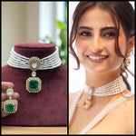 Elegant Pearl Strand Choker Necklace with Emerald Green Pendant & Earrings – Bridal & Partywear Jewelry