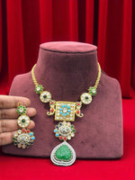 Heritage Temple-Style Necklace Set with Carved Green Stone Pendant & Statement Earrings – Antique Gold Bridal Jewelry