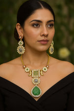 Heritage Temple-Style Necklace Set with Carved Green Stone Pendant & Statement Earrings – Antique Gold Bridal Jewelry