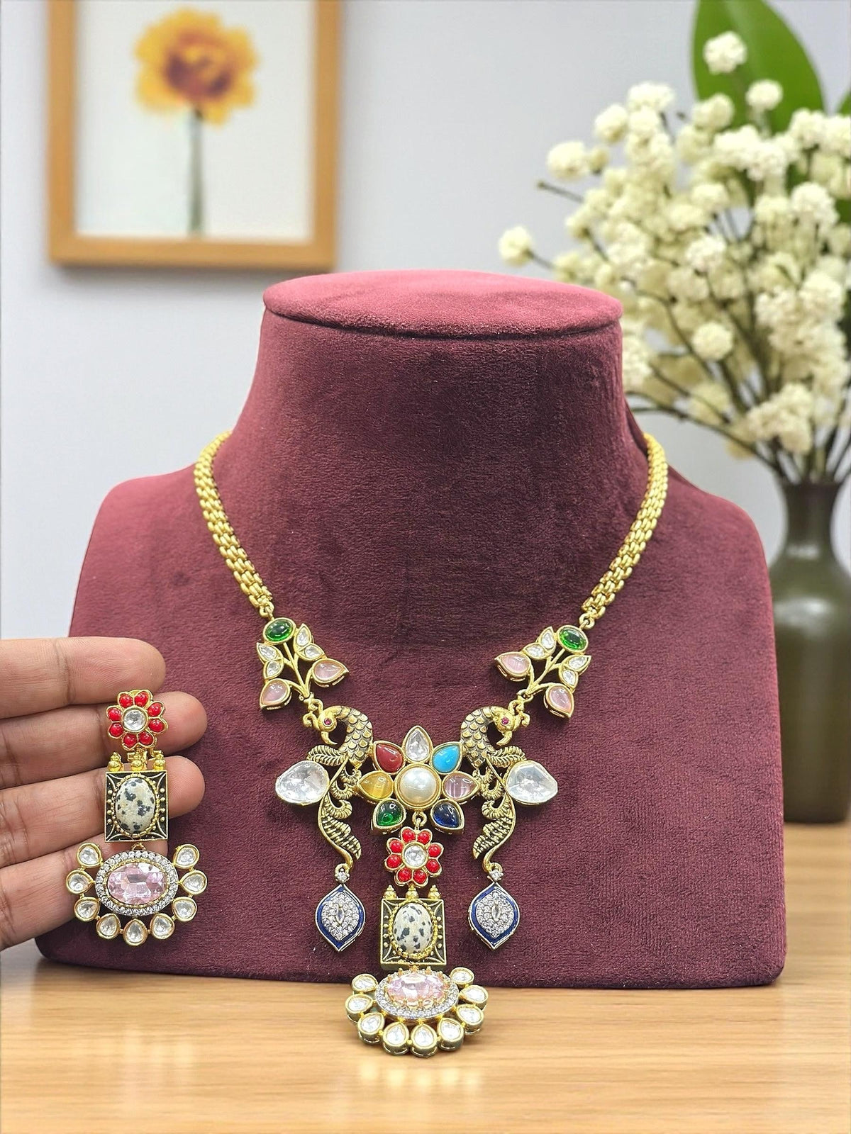 Multicolor Peacock & Floral Temple Necklace Set with Green and White Stone Earrings