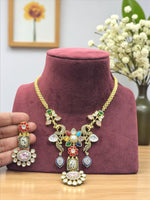 Multicolor Peacock & Floral Temple Necklace Set with Green and White Stone Earrings