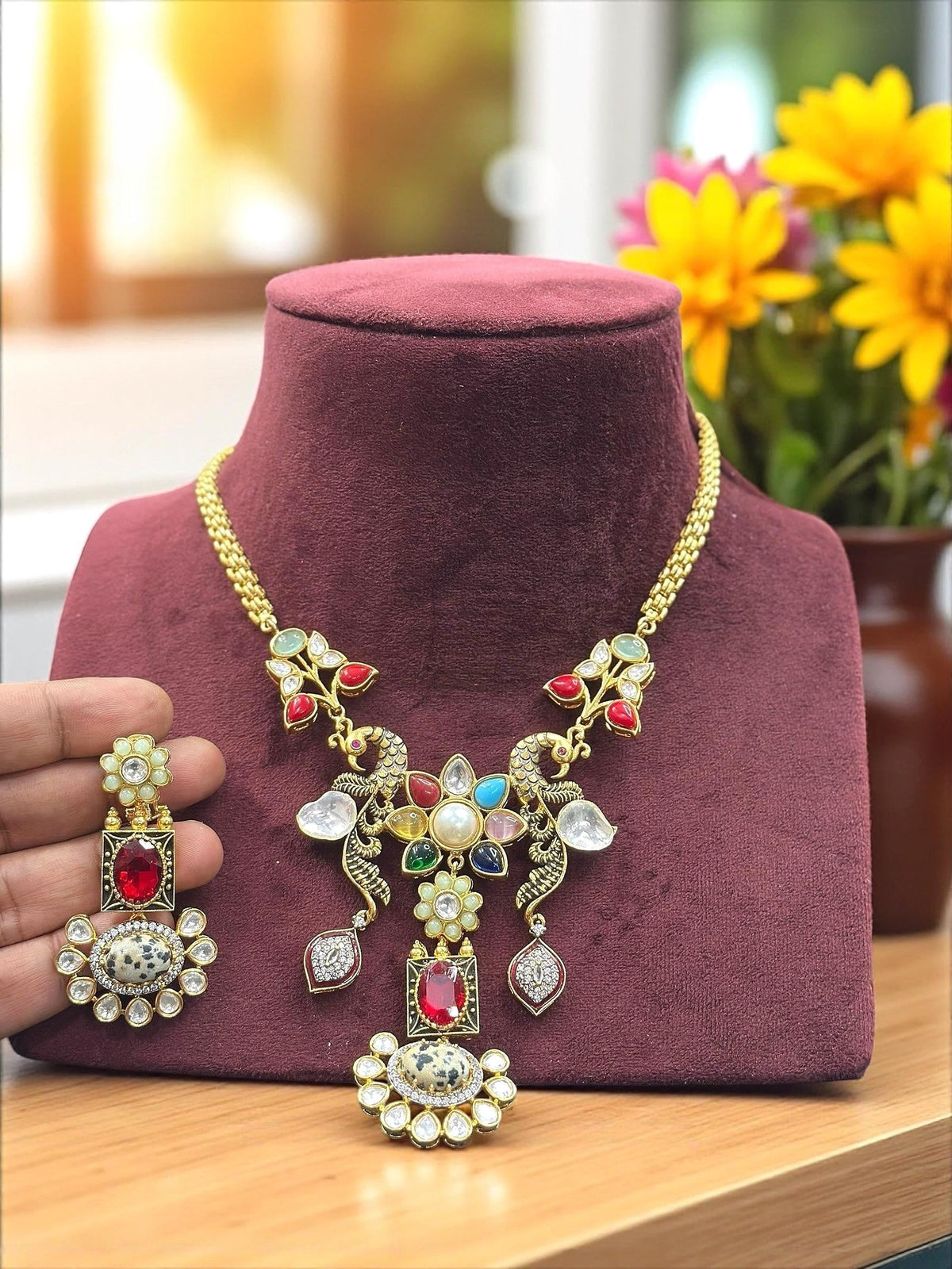 Multicolor Peacock & Floral Temple Necklace Set with Green and White Stone Earrings