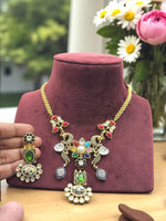 Multicolor Peacock & Floral Temple Necklace Set with Green and White Stone Earrings