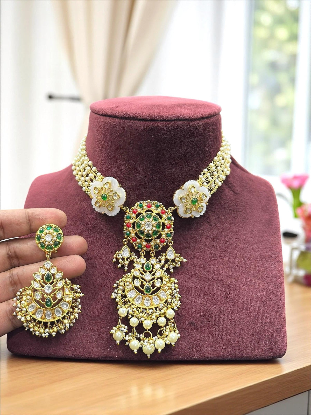 Traditional Kundan Polki & Pearl Choker Necklace Set with Emerald & Ruby Accents