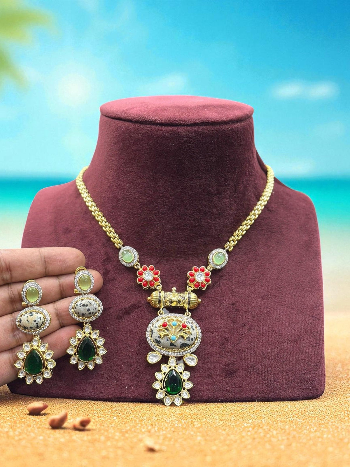 Traditional Meenakari & Polki Gold-Plated Necklace Set with Red & Green Stones