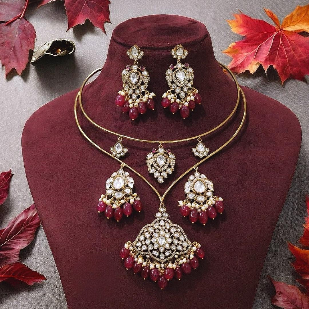 Traditional Polki & Pearl Gold Tone Choker Necklace Set