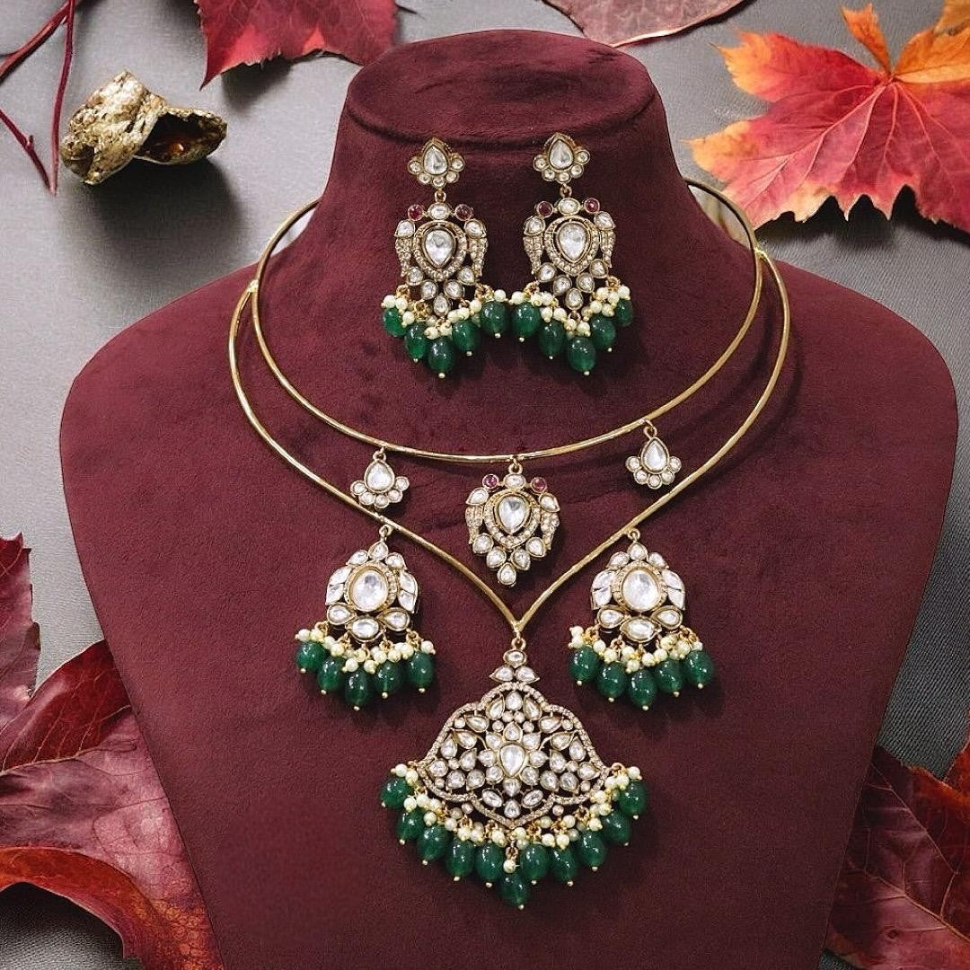 Traditional Polki & Pearl Gold Tone Choker Necklace Set