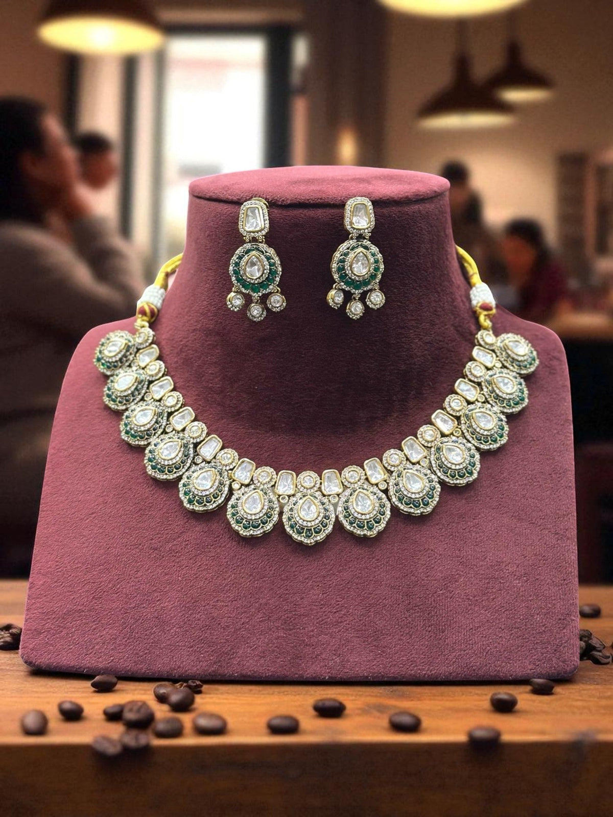 Handcrafted Kundan & Subtle Green Stone Embellished Necklace with Earrings