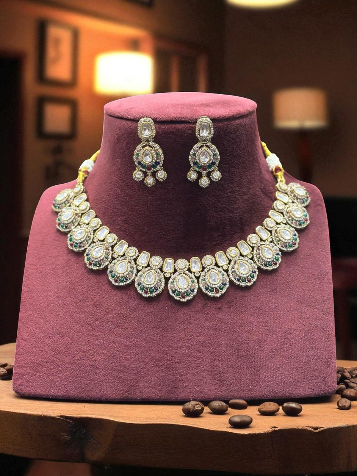 Handcrafted Kundan & Subtle Green Stone Embellished Necklace with Earrings