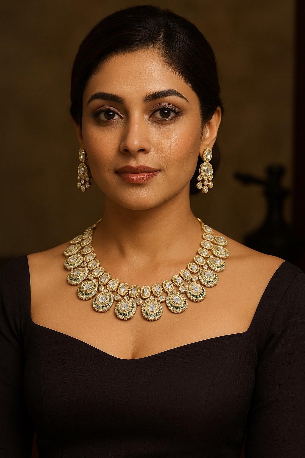 Handcrafted Kundan & Subtle Green Stone Embellished Necklace with Earrings