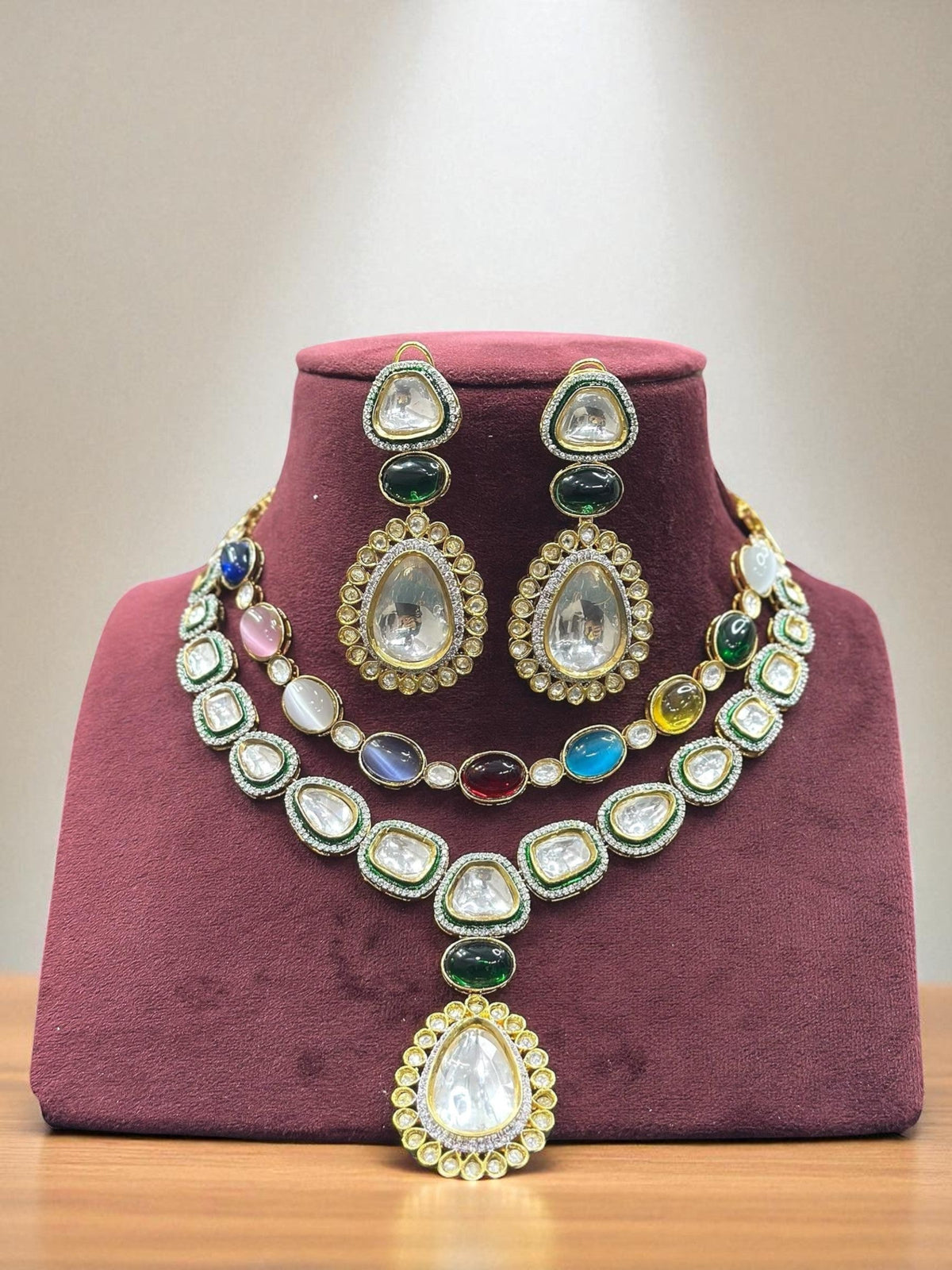 Handcrafted Kundan Polki Necklace with Pear, Oval & Round Gemstones