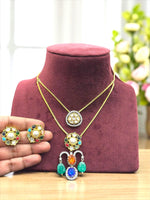 Navratna CZ Kundan Dual Layer Pendant Set with Earrings Gold Finish Multicolor Statement Jewelry