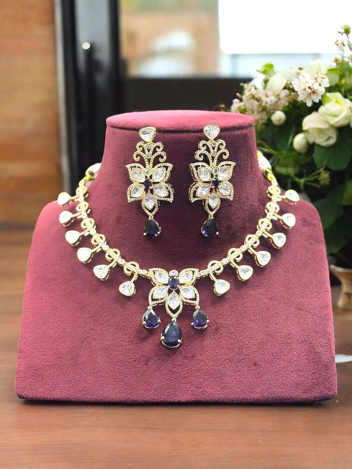Gold-Plated Kundan Necklace Set with Ruby Red Drops & Earrings Bridal & Festive Jewelry Set