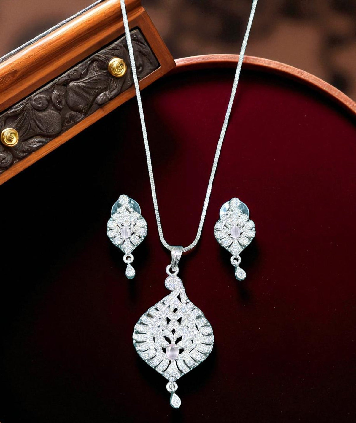 Elegant Silver Crystal Leaf Pendant Necklace Set with Matching Drop Earrings Party & Festive Wear