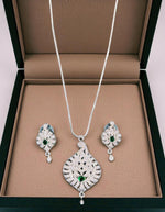 Elegant Silver Crystal Leaf Pendant Necklace Set with Matching Drop Earrings Party & Festive Wear