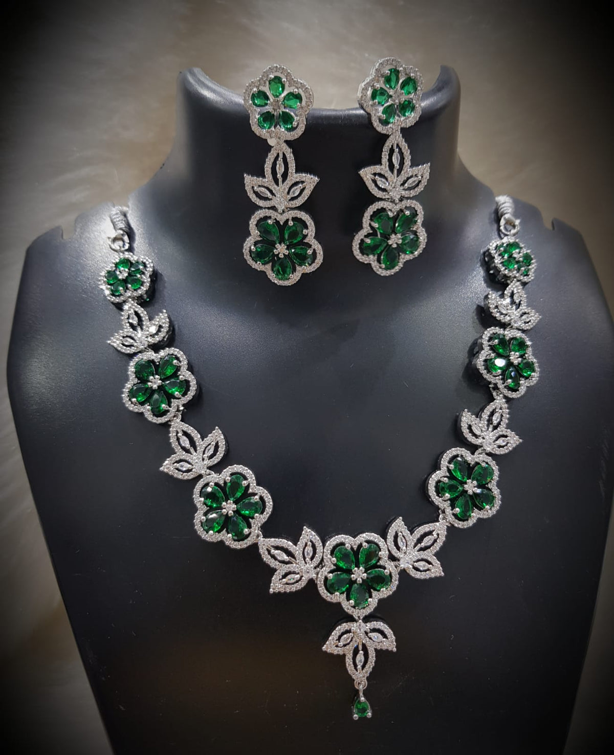 Emerald Blossom Floral Necklace Set with Matching Earrings Diamond-Cut CZ & Green Stone Elegance