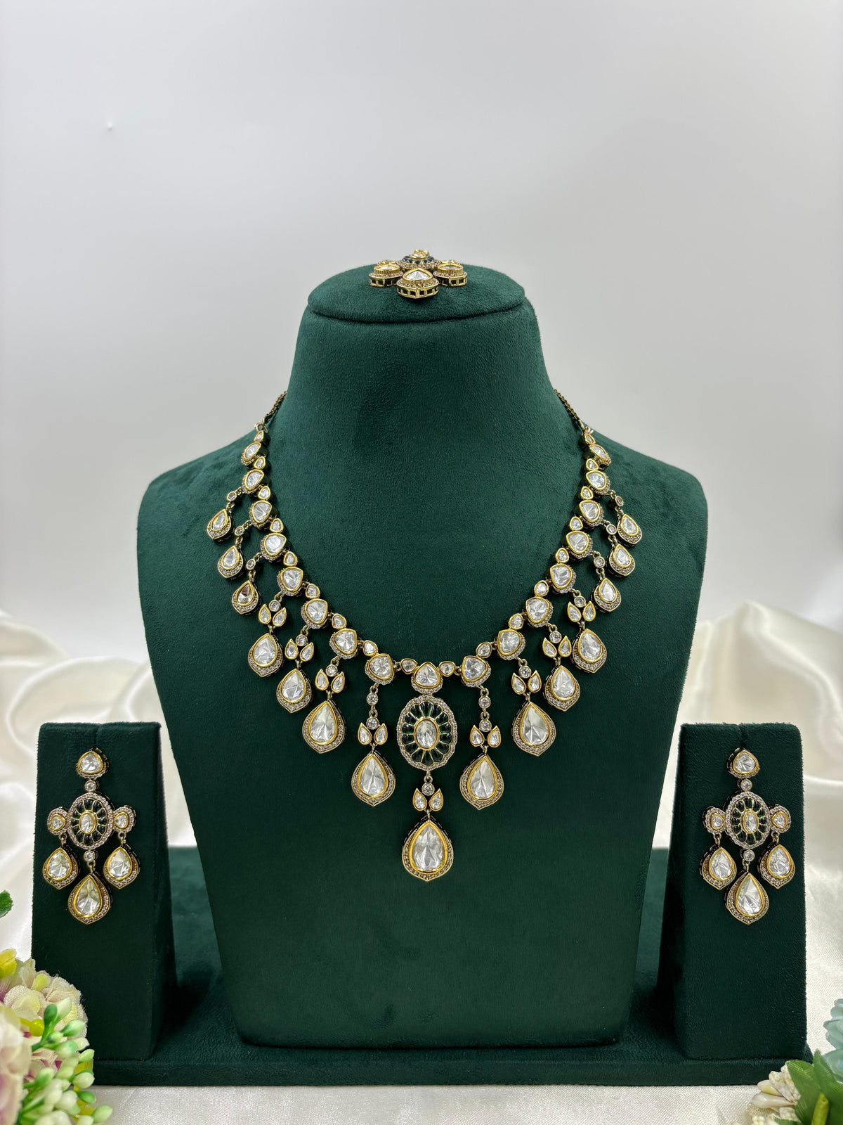Elegant Polki Teardrop Bridal Necklace Set with Matching Earrings & Maang Tikka Antique Gold Finish