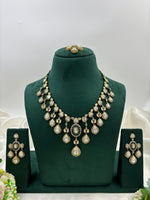 Elegant Polki Teardrop Bridal Necklace Set with Matching Earrings & Maang Tikka Antique Gold Finish