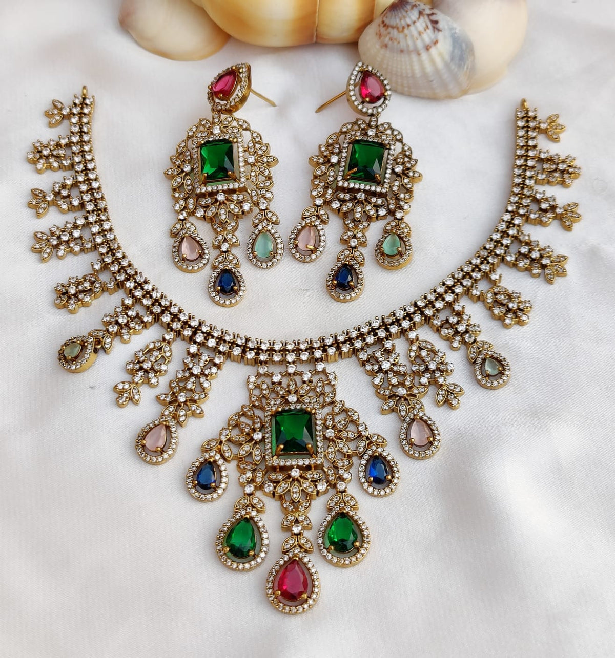 Royal Kundan Polki Choker Set with Emerald & Multicolor Drops | Bridal Wedding Necklace Set with Matching Earrings | Indian Traditional Jewellery