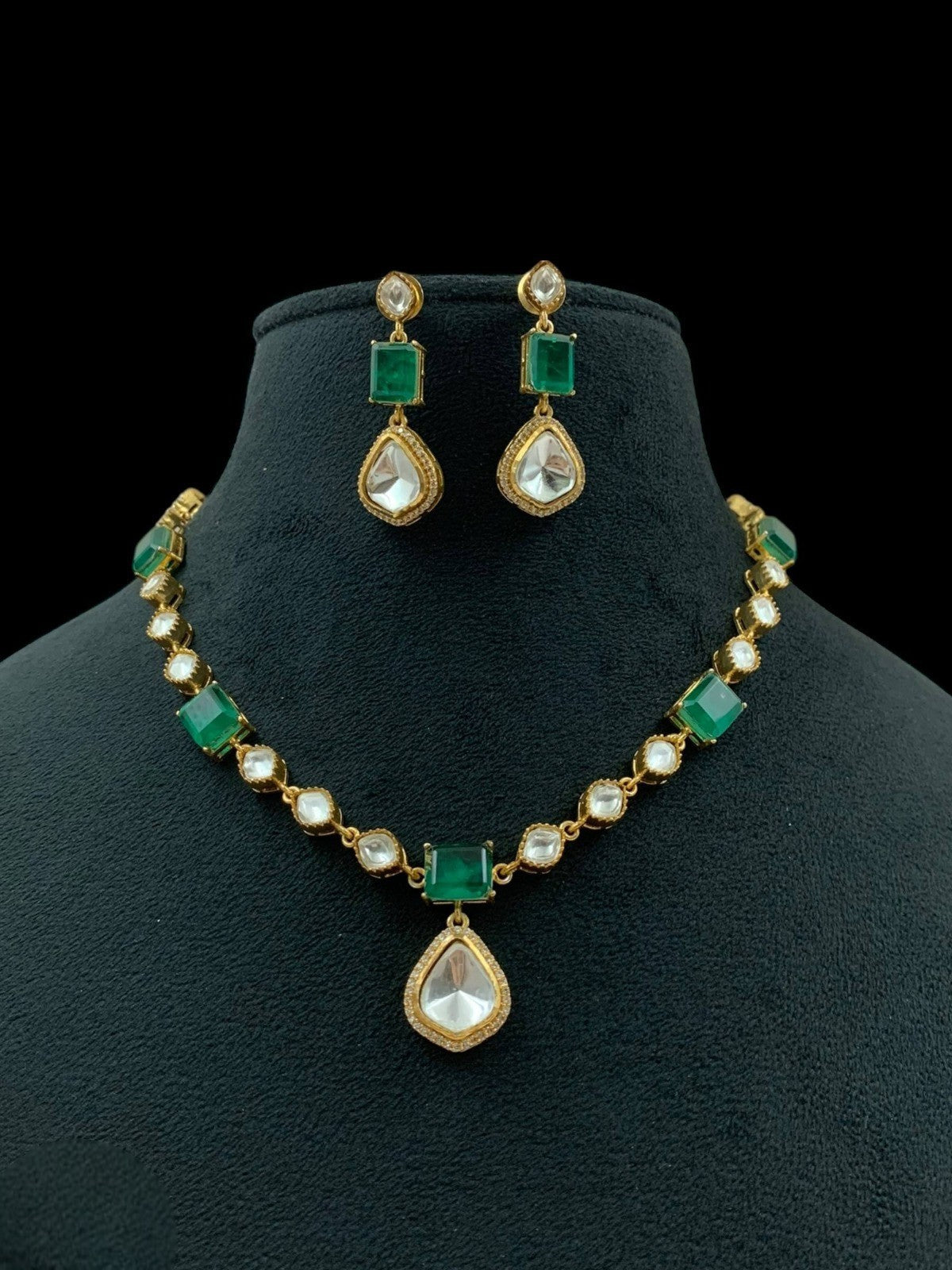 Green Kundan Necklace Set with Earrings | Gold Plated Bridal Jewelry for Women & Girls