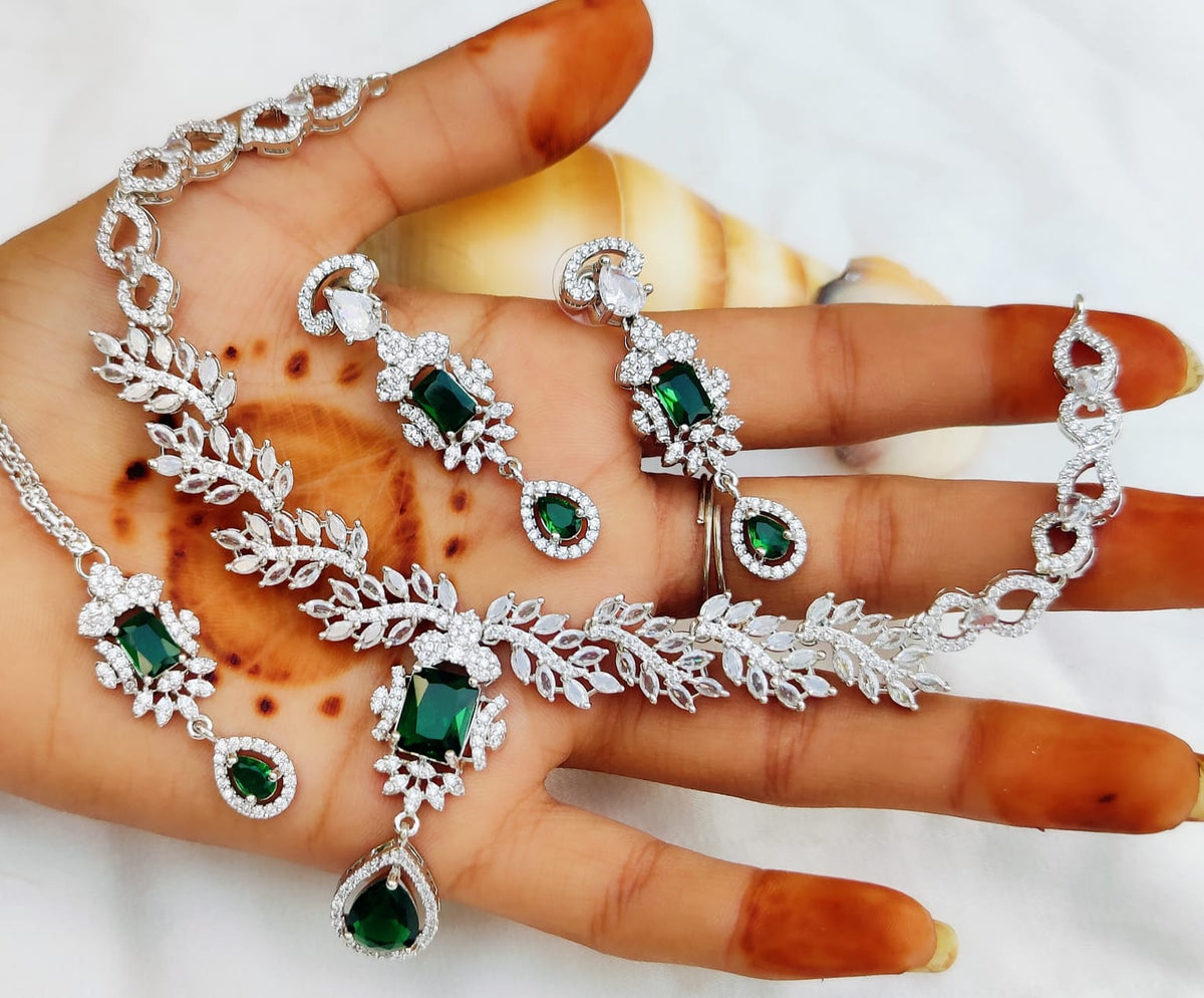 Silver-Plated Necklace Set with Earrings & Maang Tikka | Indian Jewellery | Silver Plated Jewellery | Indian Necklace Set