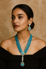 Royal Beaded Kundan Pendant Haar Set Bridal Long Necklace & Earrings, Indian Wedding Jewelry