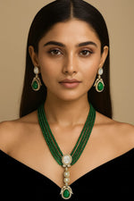 Royal Beaded Kundan Pendant Haar Set Bridal Long Necklace & Earrings, Indian Wedding Jewelry