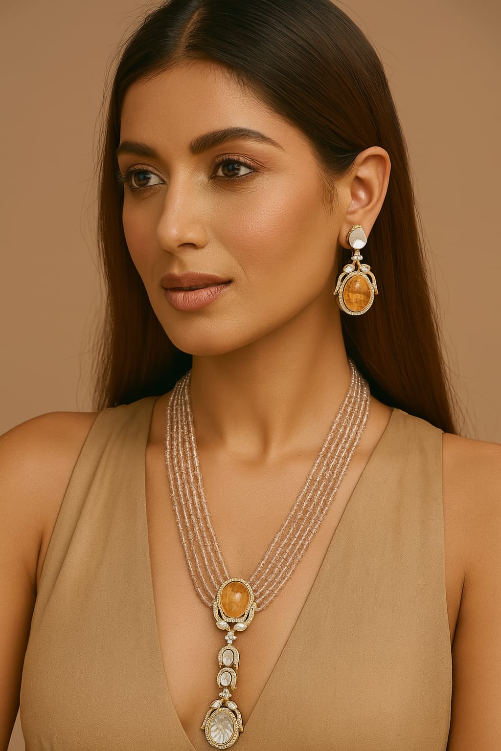 Royal Beaded Kundan Pendant Haar Set Bridal Long Necklace & Earrings, Indian Wedding Jewelry