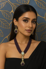 Royal Beaded Kundan Pendant Haar Set Bridal Long Necklace & Earrings, Indian Wedding Jewelry