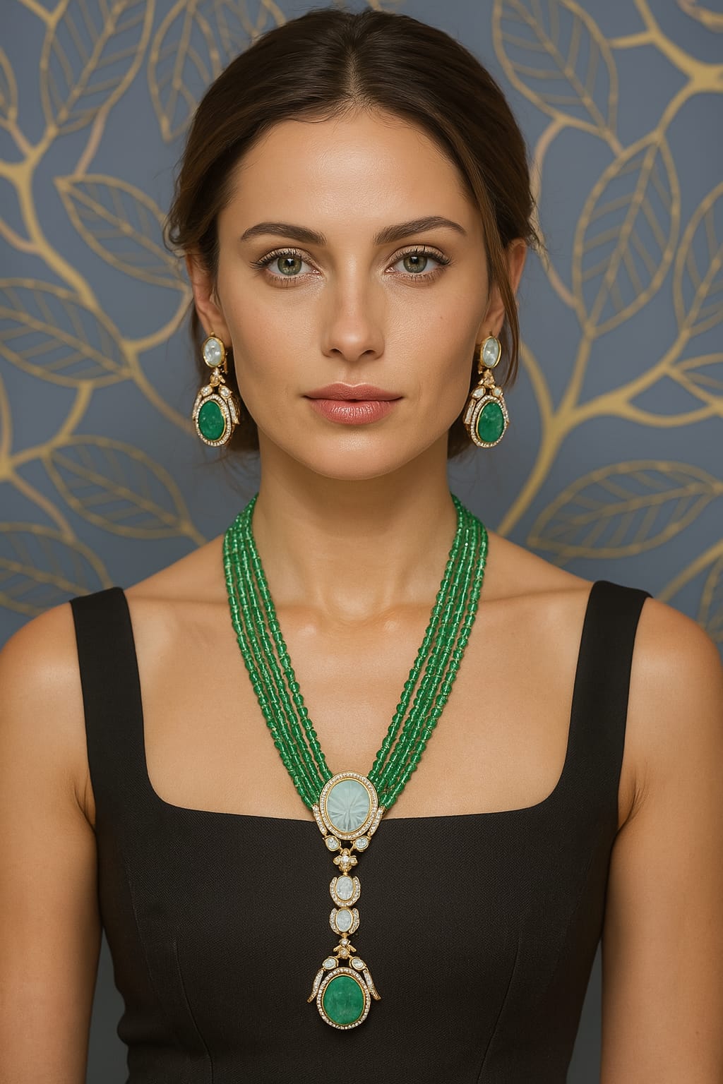 Royal Beaded Kundan Pendant Haar Set Bridal Long Necklace & Earrings, Indian Wedding Jewelry