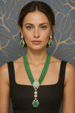 Royal Beaded Kundan Pendant Haar Set Bridal Long Necklace & Earrings, Indian Wedding Jewelry