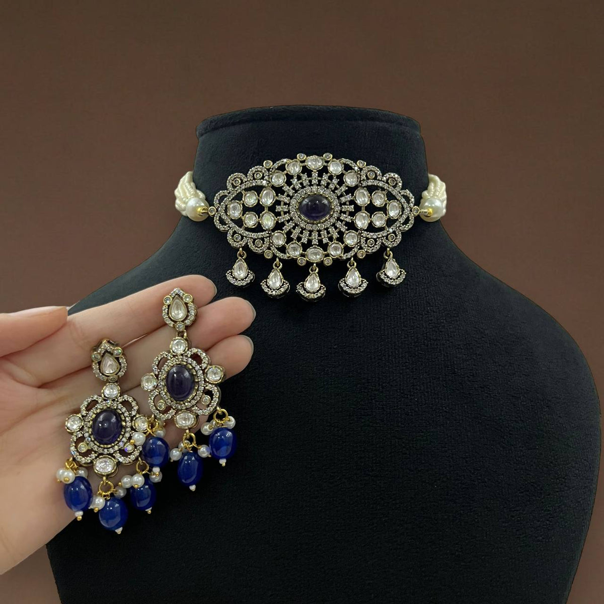 Kundan Choker Necklace Set with Pearl Drops & Earrings Bridal Jewelry Set Pakistani Necklace SetPolki Necklace