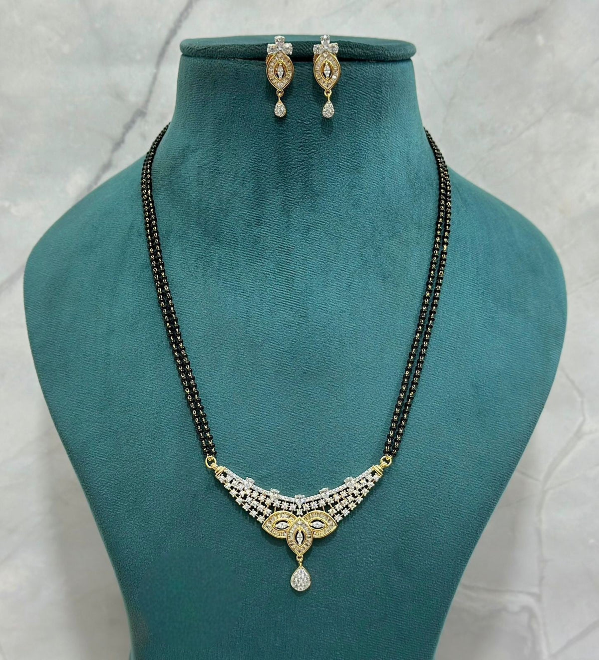 Premium Quality CZ Mangalsutra with Double Chain & Matching Earrings | Elegant CZ Indian Mangalsutra Set | Traditional Indian Jewellery