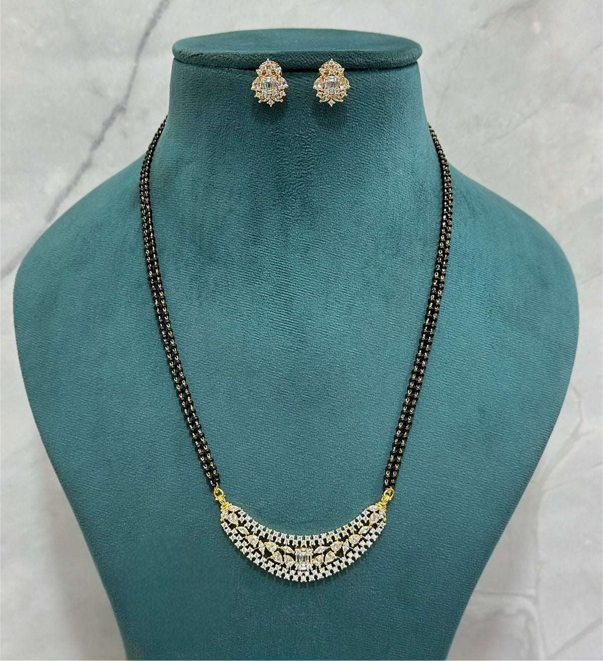 CZ Mangalsutra with Curved Pendant & Matching Earrings | Elegant CZ Indian Mangalsutra Set | Traditional Indian Jewellery