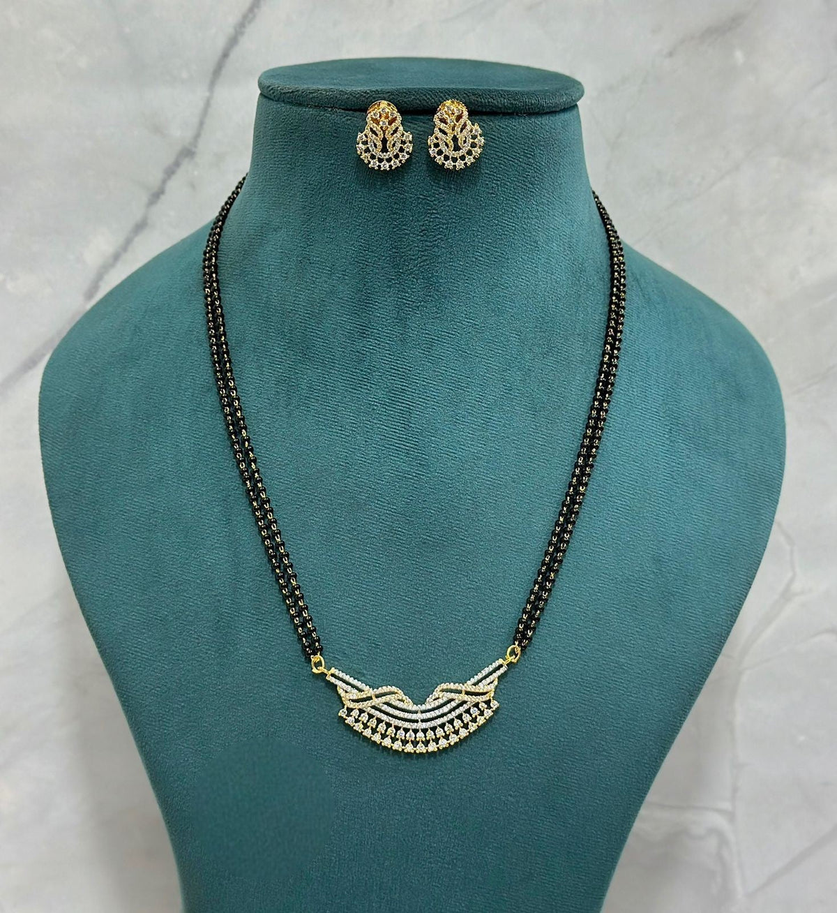 Premium Designer CZ Layered Mangalsutra with Double Chain & Matching Earrings | Elegant CZ Indian Mangalsutra Set | Traditional Indian Jewellery