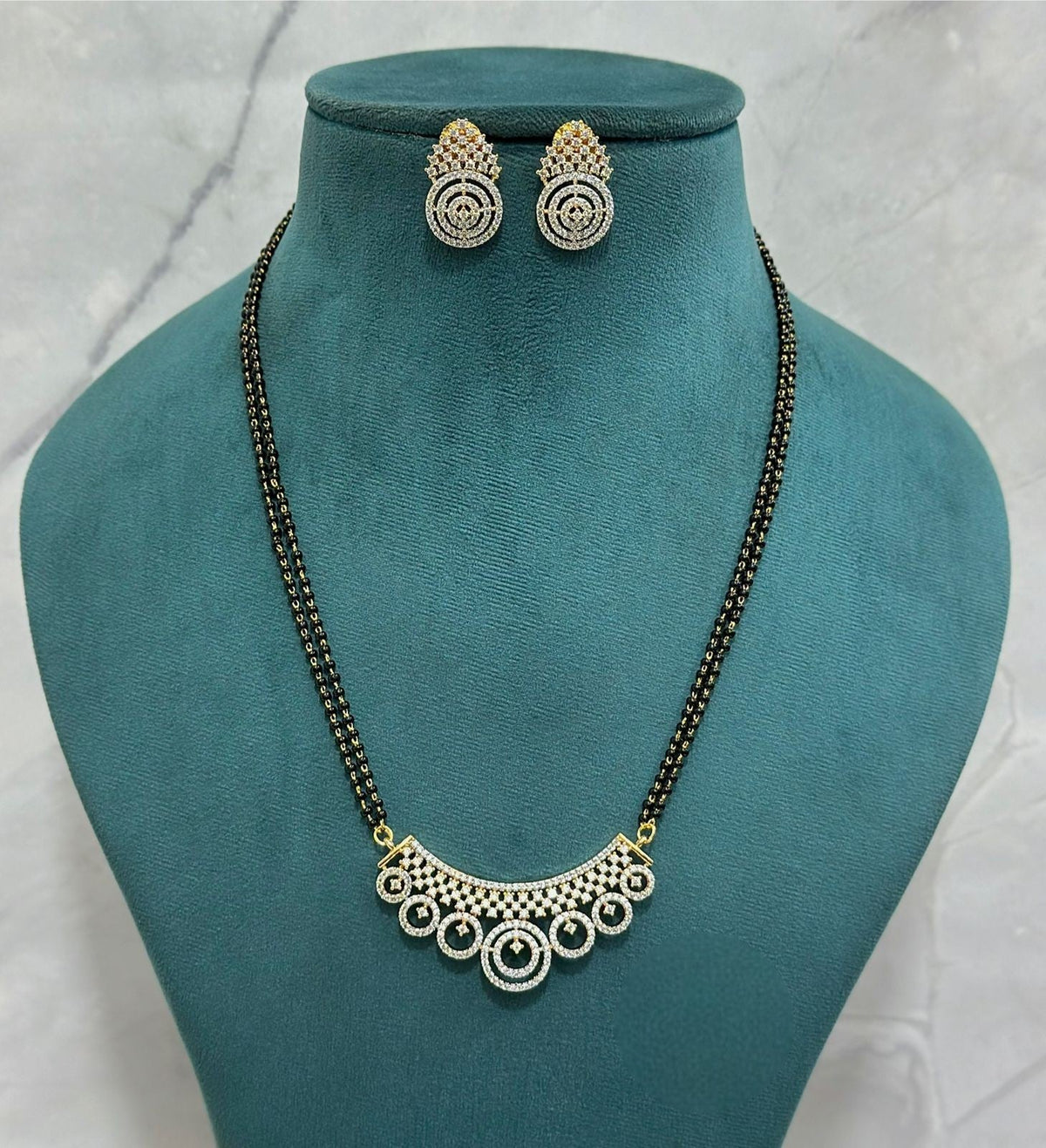 Premium CZ Mangalsutra Set with Double Chain & Matching Earrings | Elegant CZ Indian Mangalsutra Set | Traditional Indian Jewellery