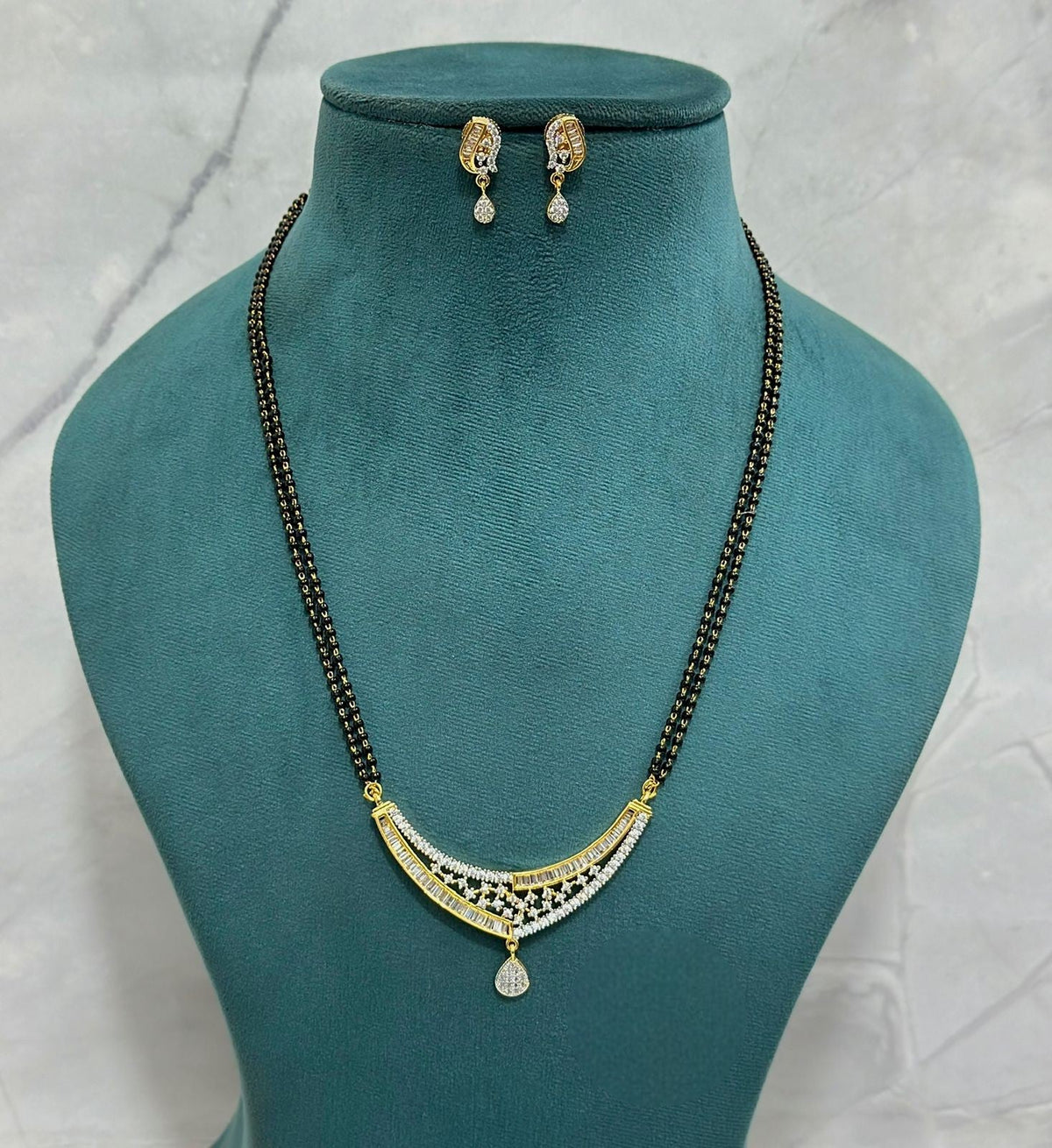 CZ Mangalsutra Set with Teardrop Pendant & Double Chain with Matching Earrings | Elegant CZ Indian Mangalsutra Set | Traditional Indian Jewellery