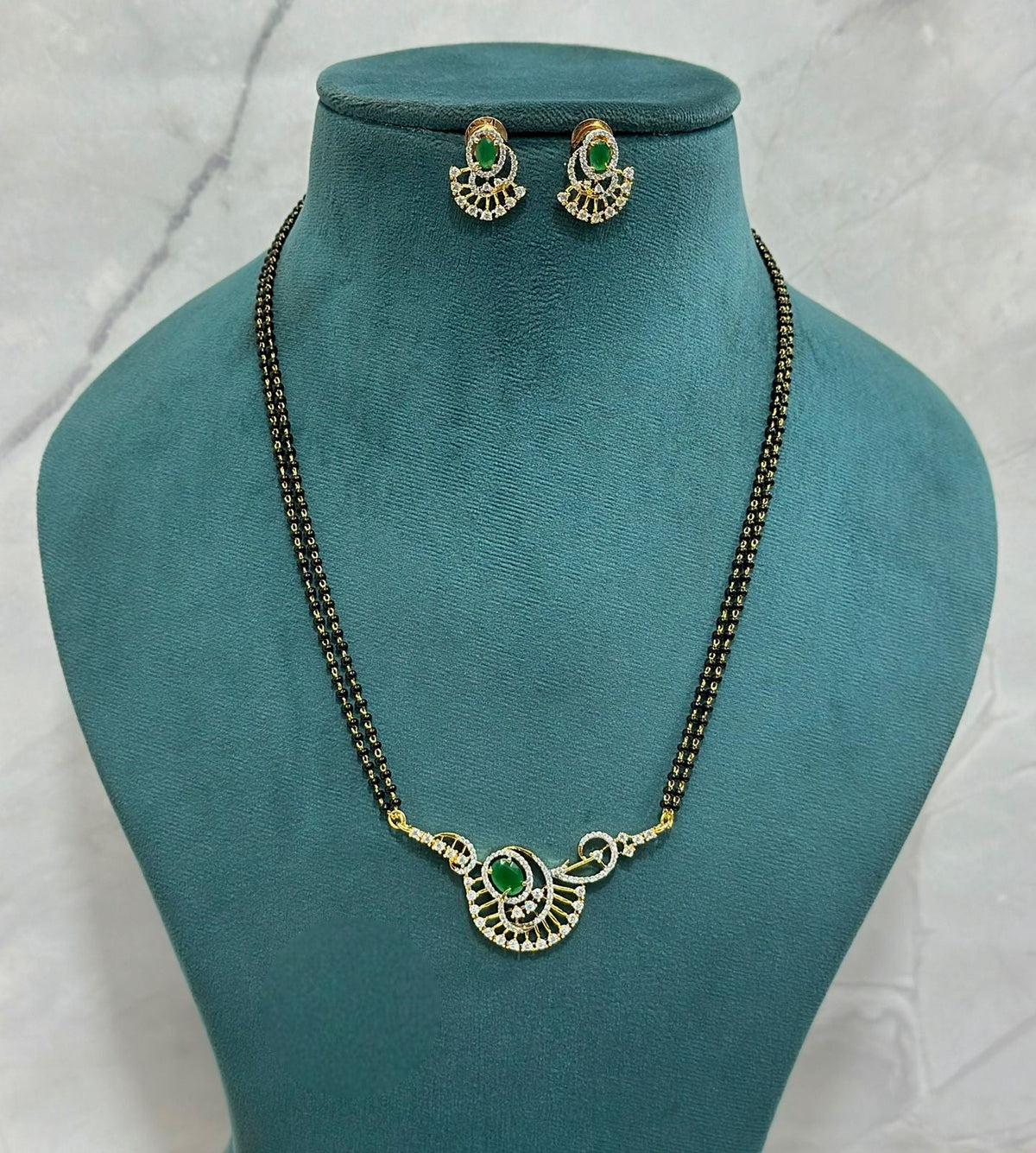 Designer Green CZ Mangalsutra Set with Double Chain & Matching Earrings | Stylish Green CZ Indian Mangalsutra Set | Traditional Indian Jewellery