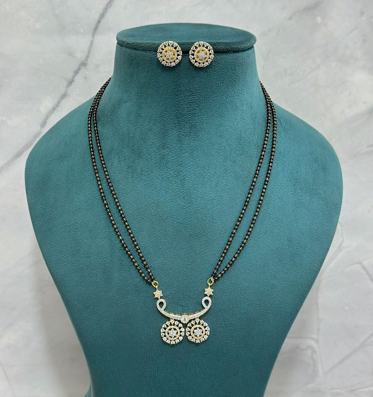 Twin Drop CZ Mangalsutra Set with Star Accents & Matching Earrings | Elegant CZ Indian Mangalsutra Set | Traditional Indian Jewellery