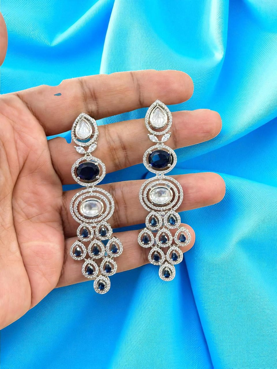 Indian Multi Layered AD CZ Silver Plated Bridal Earring Set