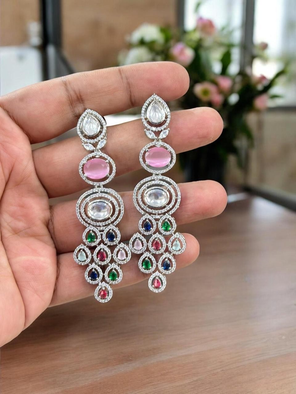 Indian Multi Layered AD CZ Silver Plated Bridal Earring Set