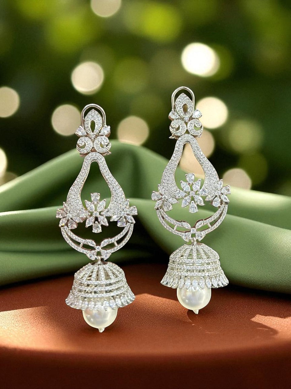 Floral CZ Jhumka Earrings with Pearl Drop Elegant Bridal Danglers in Silver Finish