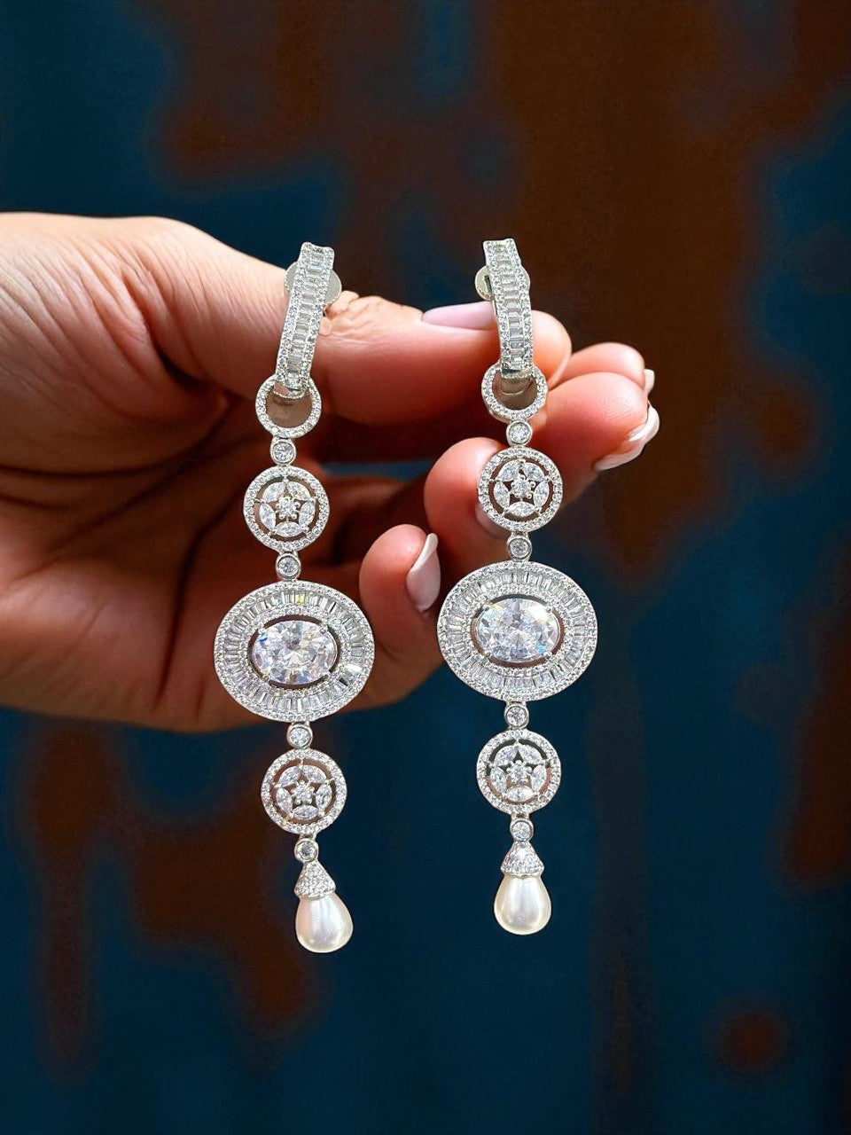 Crystal Oval Drop Earrings with Pearl – Elegant CZ Danglers for Modern Ethnic Looks