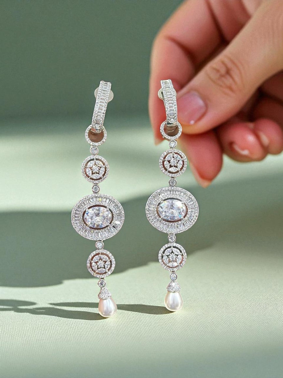 Crystal Oval Drop Earrings with Pearl – Elegant CZ Danglers for Modern Ethnic Looks