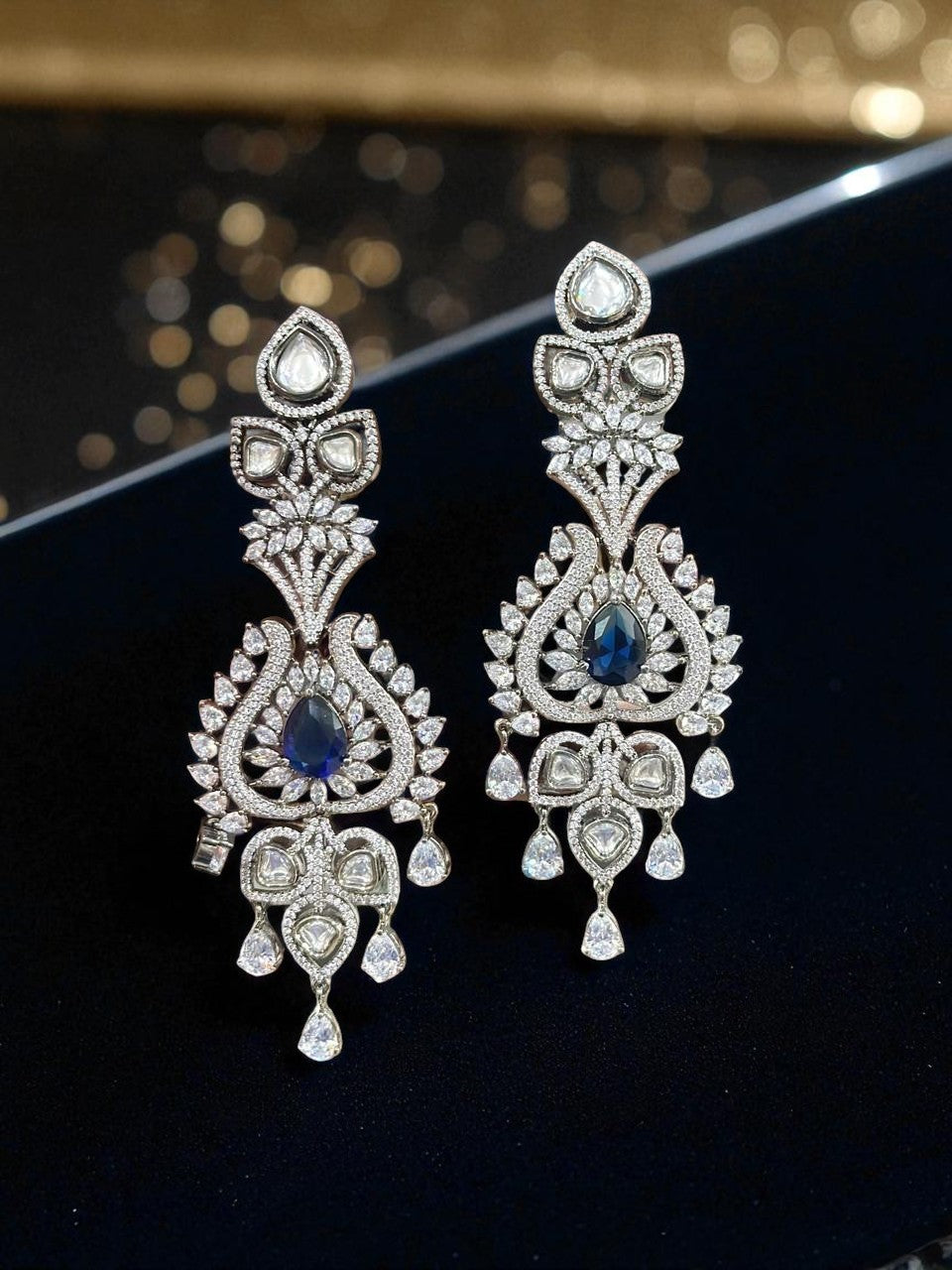 Blue Sapphire & Kundan CZ Earrings – Royal Teardrop Danglers with Antique Finish