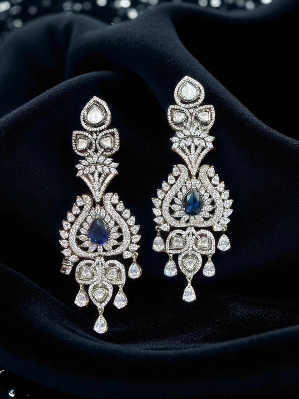 Blue Sapphire & Kundan CZ Earrings – Royal Teardrop Danglers with Antique Finish