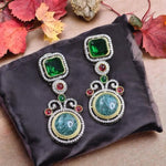 Emerald Green Square & Teal Round Stone Dangler Earrings Designer Statement Jewelry